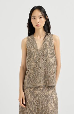 Brunello Cucinelli Linen and cotton dazzling cacao leaves embroidery top in Rope at Nordstrom, Size Xx-Small