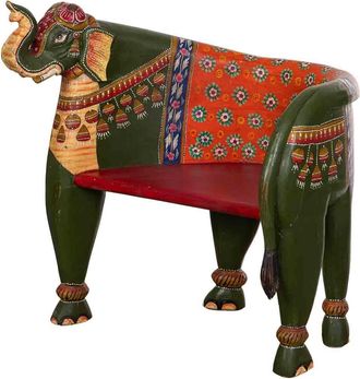Wanderlust Deco Banco De Madera De Elefante Pintado Multicolor, 89x80x92h Cm