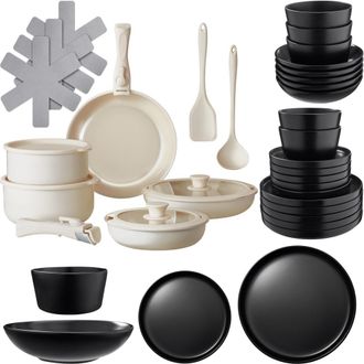 TecTake Set b&aacute;sico de cocina para 6 personas, 40 piezas, negro/blanco