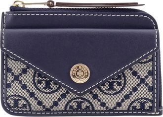 Tory Burch Leren en T Monogram Stoffen Portemonnee - Dames - Portefeuilles - Blauw - ONE Size - Katoen - Accessoires