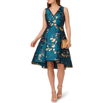 Adrianna Papell Metallic Jacquard Fit & Flare Cocktail Dress in Teal Sapphire/Gold at Nordstrom, Size 6