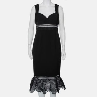 Self Portrait Black Crepe Lace Trim Detail Olivia Midi Dress