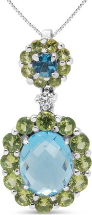 House of Brilliance 18k White Gold 0.05 Cttw Round Diamond and Blue Topaz and Green Peridot Gemstone Halo Drop 18 Pendant Necklace