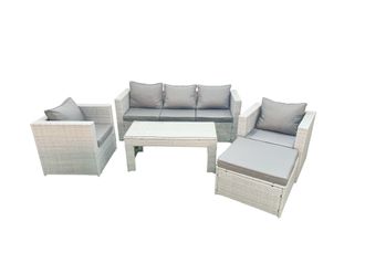 Fimous Rattan Garden Furniture Set 5 Pieces Outdoor Garden Sofa Oblong Coffee Table Set with 2 Chairs Stool Light Grey Mixed