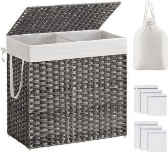 Songmics Cesto Portabiancheria con Coperchio, Cesta per Bucato 130L, 2 Scomparti, Sacco Estraibile con Manici, Intrecciato a Mano, in Camera da Letto, Bagno