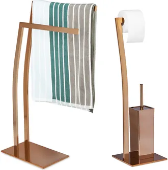 Relaxdays Set Escobillero Portarrollos Y Toallero De Pie Rectangular Wimedo, 2 Unidades, Acero Inoxidable, Cobre - Relaxdays