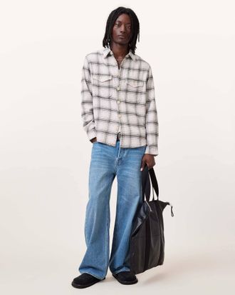 AllSaints Mens Cotton Hamura Checked Relaxed Fit Shirt, Size: XXL