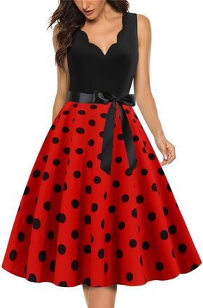 Generic Women 1950s Vintage Retro Rockabilly Dress V Neck A Line 50s 60s Pin Up Polka Dot Swing Party Cocktail Dresses Cocktail Party Wedding Guest Formal Dre