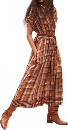 Carolina K Valerie Short Sleeve Maxi Kaftan Dress In Brown Plaid