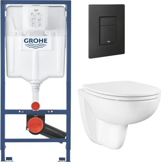 GROHE Paquete De Soporte De Soporte Grohe Rapid Sl Montado En Superficie + Taza De Inodoro Cer&aacute;mica Sin Bridas Bau + Placa De Control Negro Mate