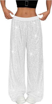 Generic Women Glitter Flare Pants Wide Leg Pants Elegant Shiny Bling Bell Rhinestone Sequined High Waist Loose Sparkly Trousers for Club Party Gym Yoga (White