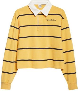 Sporty & Rich Serif Logo Embroidered Cotton Long Sleeve Rugby Polo in Faded Gold/White/Dark Navy at Nordstrom, Size X-Small