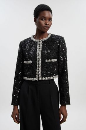 Karen Millen Womens Petite Tailored Sequin Tweed Embellished Cropped Jacket - Black - Size 6 UK