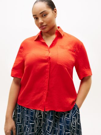 Tommy Hilfiger Kurzarmshirt TOMMY HILFIGER CURVE CRV ESS LINEN SHIRT WITH SS, Damen, Gr. 48, fireworks, Single Jersey, Obermaterial: 100% Leinen, bedruckt, regular f