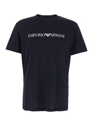 Emporio Armani Blue T-Shirt With Contrasting Logo Lettering Print In Cotton Man