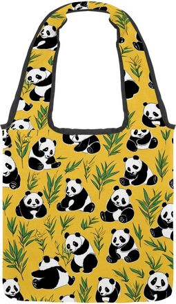 Generic Cute Panda on Yellow Reversible Canvas Shoulder Tote - Double-Sided Print, 12oz Cotton, 27cm Drop, Fold-Flat Bag for Travel, Shopping, Street Outings