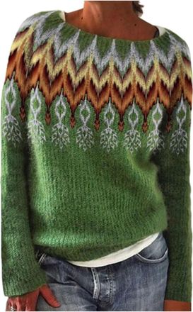 Generic Fair Isle Jumpers for Women UK Long Sleeve Nordic Sweater Soft Warm Knitted Pullover Ladies Icelandic Jumper Winter Cosy Crew Neck Loose Fit Retro Pat