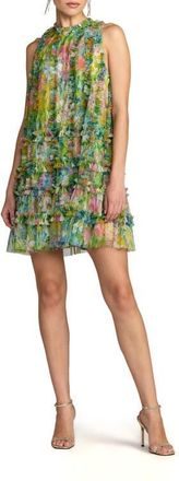 Mac Duggal Sleeveless High Neck Printed Mesh Mini Dress in Green Multi at Nordstrom, Size X-Small