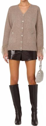 Astr Grie Embellished Feather Trim Cardigan In Taupe