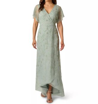 Adrianna Papell Surplice V-Neck Bead Wrap Dress In Aqua Dust