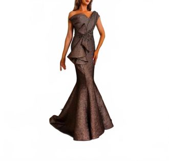 Terani Couture Asymmetric One-Shoulder Trumpet Gown In Amber