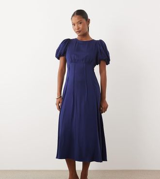 Nobody's Child Quinn - Vestito da giorno midi in raso blu con maniche a sbuffo