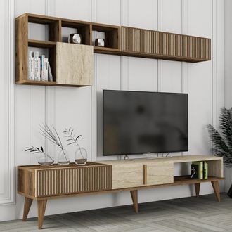 Dmora Pared Multifuncional Cavoti, Mueble De Sala Modulable, 11 Estantes, 10 Compartimentos, Nogal Oscuro