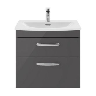 Nuie Nuie - Athena Gloss Grey 600mm Wall Hung 2 Drawer Vanity Unit and Curved Ceramic Basin - ATH078G