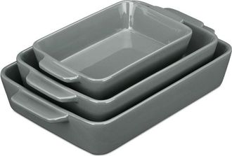 Relaxdays Juego De 3 Fuentes Horno, 3 Tama&ntilde;os, Rectangulares, Cer&aacute;mica, Aptas Lavavajillas, Recipientes Lasa&ntilde;a, Gris - Relaxdays