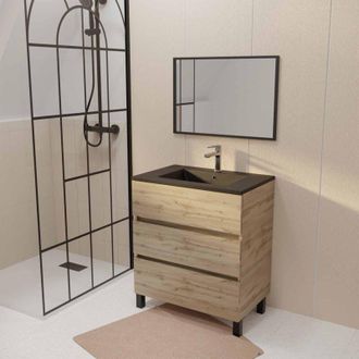 Aurlane Aurlane - Mueble De Ba&ntilde;o 70 Decorado Roble 3 Cajones Lavabo Negro Y Espejo 70x50cm
