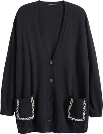 Marina Rinaldi Pavido Rhinestone Pocket Wool & Cashmere Cardigan in Black at Nordstrom, Size Medium
