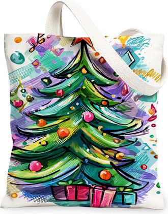 Generic Christmas Tree Canvas Tote Bags, Colorful Design Reusable Bags, Lightweight Washable Shoulder Strap Canvas for Holiday Outd, White, 13x15 Inch
