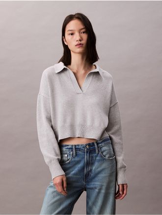 Calvin Klein Womens Smooth Cotton Cropped Polo Sweater - Grey - XL