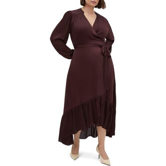 City Chic Rylie Love Long Sleeve High-Low Satin Maxi Dress in Spiced Plum at Nordstrom Rack, Size S/16W