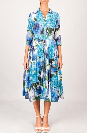 Samantha Sung Darby Rose Pleated Midi Shirtdress in White Blue at Nordstrom, Size 12