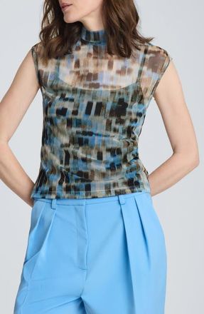 Kenneth Cole Mock Neck Cap Sleeve Top in Lake Blue Multi at Nordstrom, Size X-Small