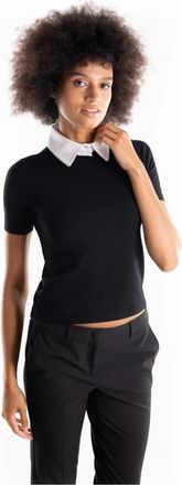 Marella Zwarte Polo Sweater met Afneembare Witte Kraag - Dames - Polos - Zwart - L - Polyester - Tops