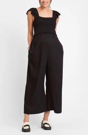Seraphine Smocked Wide Leg Maternity/Nursing Jumpsuit in Black at Nordstrom, Size 6