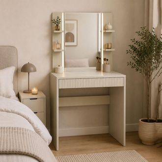 Dmora Tocador Logaza, Mueble De Maquillaje Con Espejo Incluido, Un Caj&oacute;n, Efecto Estriado, 80x40x136h Cm Beige Oscuro
