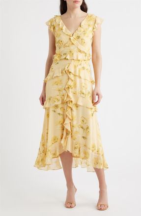 CeCe by Cynthia Steffe Print Ruffle Midi Dress in Golden Haze at Nordstrom, Size 10