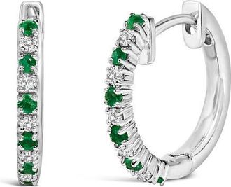 House of Brilliance 10K White Gold Alternating Emerald 1/10 Ct Diamond Huggy Hoop Earrings at Nordstrom