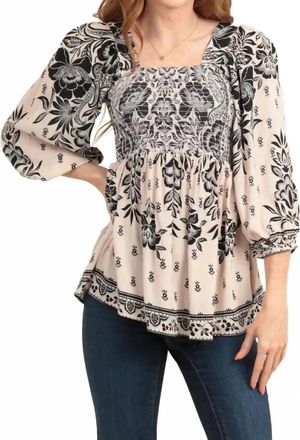 Angie Square Neck Long Sleeve Smocked Bust Blouse In Cream/black