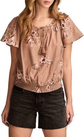 Lucky Brand Floral Flutter Sleeve Cotton Blend Top in Taupe Floral at Nordstrom Rack, Size Small