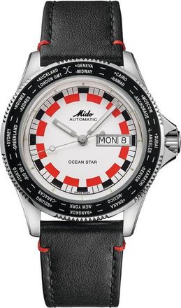 Mido Ocean Star Worldtimer Automatic Leather Strap Watch, 40.5mm in Red at Nordstrom