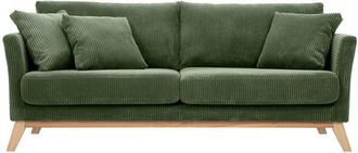 Miliboo Sof&aacute; Escandinavo Desenfundable De 3 Plazas En Tela De Terciopelo Acanalado Verde Caqui Y Madera Clara Oslo