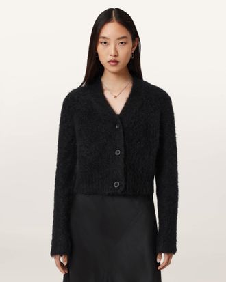 AllSaints Main: 38% Mohair, 38% Merino Wool, 19% Polyamide, 5% Elastane Rubi Wick Cropped Cardigan, Size: M