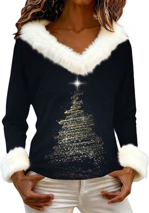 Generic Womens Christmas Sweatshirt Faux Fur V Neck Long Sleeve Tops Funny Xmas Wine Glass Print Pullover Shirt (Xmas Print 12, L)