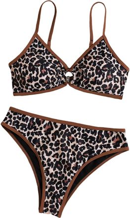 Generic Womens Triangle Bikini Sets O Ring Linked Two Piece Swimsuits Leopard Print Cheeky Bathing Suit Brown