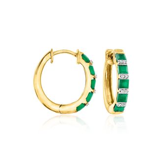 Ross-Simons Emerald Hoop Earrings With Diamond Accents in 18kt Gold Over Sterling