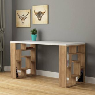 Dmora Escritorio Archidamia, Estructura Marr&oacute;n, Superficie De Madera Noble, Estante Blanco, 140x60x75h Cm Blanco